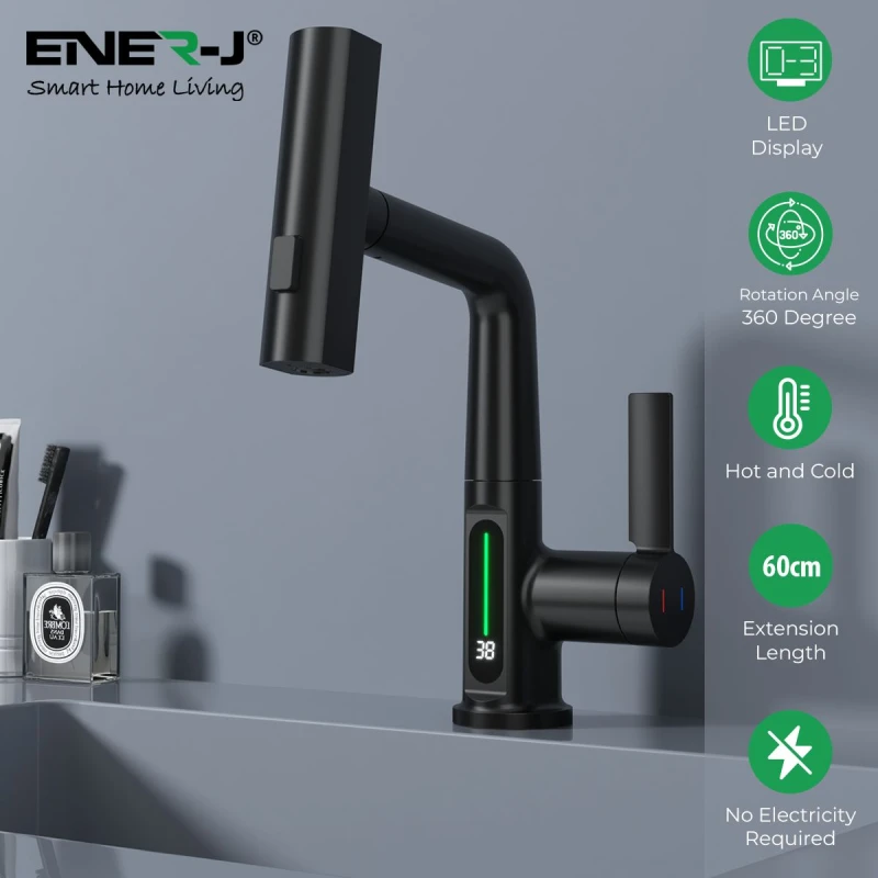 Image of ENER-J Womens Modern Black Waterfall Basin Tap with LED Temperature Display & Pull-Out Sprayer - Stainless Steel Size: 100cm x 100cm Black Female