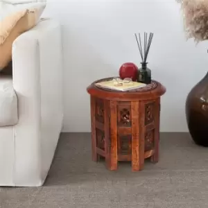 Image of Beautiful Round Carved Wooden Coffee Table Side End Table [Mahogany,Small 12'x12'x12' 30.5cm] - Mahogany