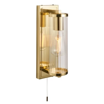 Image of Como Bathroom Wall Lamp Satin Brass Plate & Clear Ribbed Glass IP44