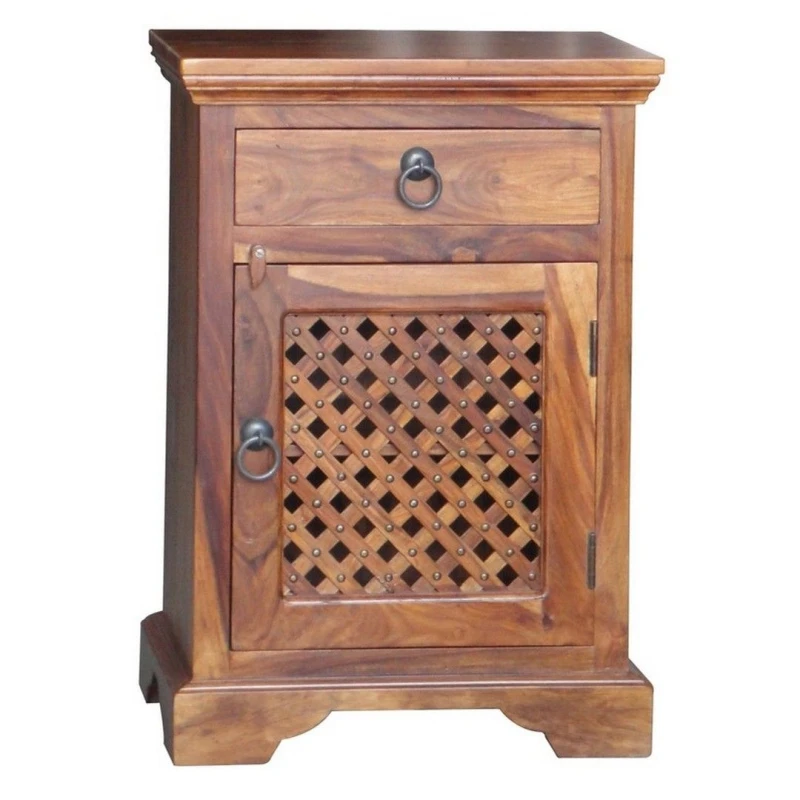 Image of Jaipur Furniture Ltd Ganga Latic Jali Bedside with Right Side Door - Sheesham Wood - L31 x W45 x H65cm - Honey Dark Finish in Brown Brown Unisex