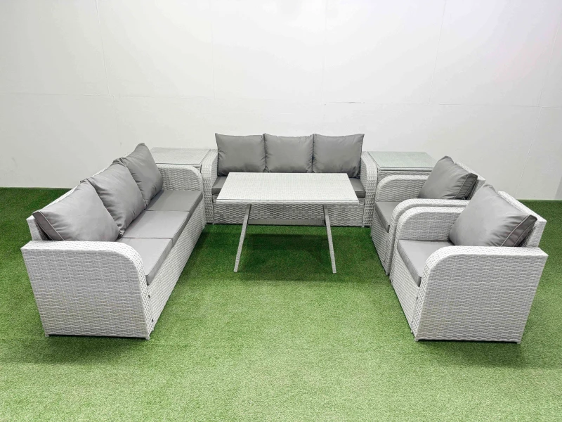 Image of Fimous Rattan High Back Lounge Sofa Set with Reclining Chairs 2 Side Tables in Light Grey Light Grey Unisex