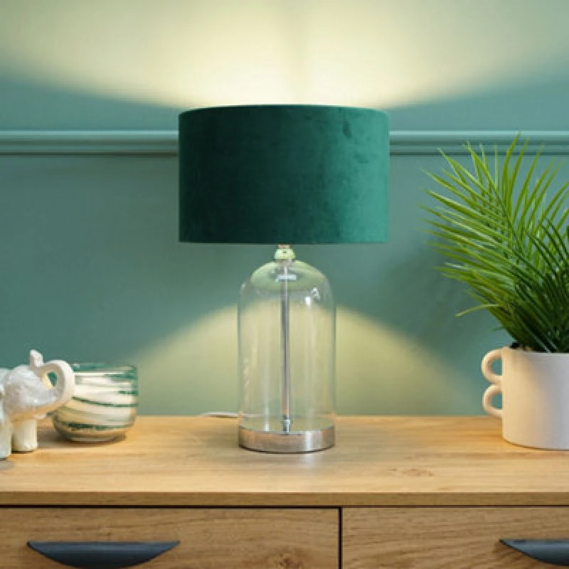 Image of ValueLights Jessy Chrome Glass Table Lamp With Forest Green Shade Silver