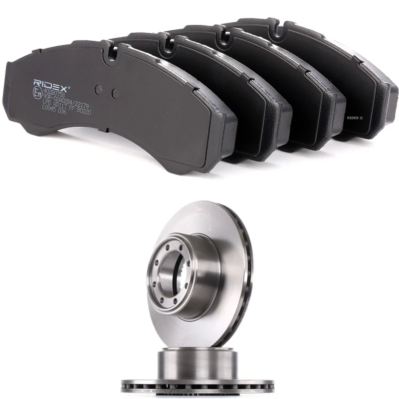 Image of RIDEX 3405B1896 Brake disc and pads set Rear Axle, Brake Disc Type: internally vented, prepared for wear warning indicator, with ABS sensor ring Brak