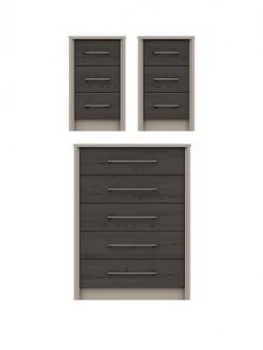 Image of Smyth 3 Piece Ready Assembled Package - 5 Drawer Chest And 2 Bedside Chests