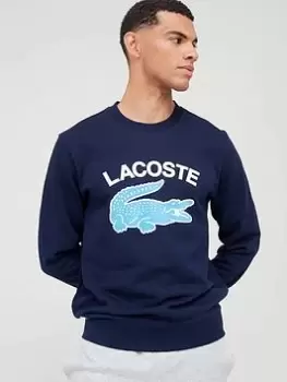 Image of Mens Lacoste Crocodile Print Crew Neck Sweatshirt Size 3 - S Navy Blue