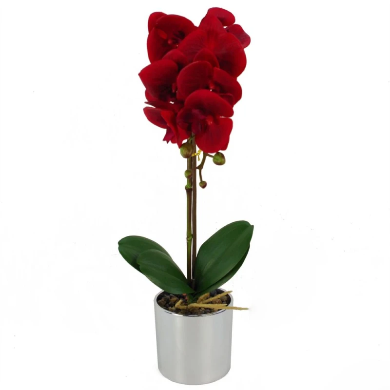 Image of Leaf 46cm Artificial Orchid Red with Silver Pot Red unisex