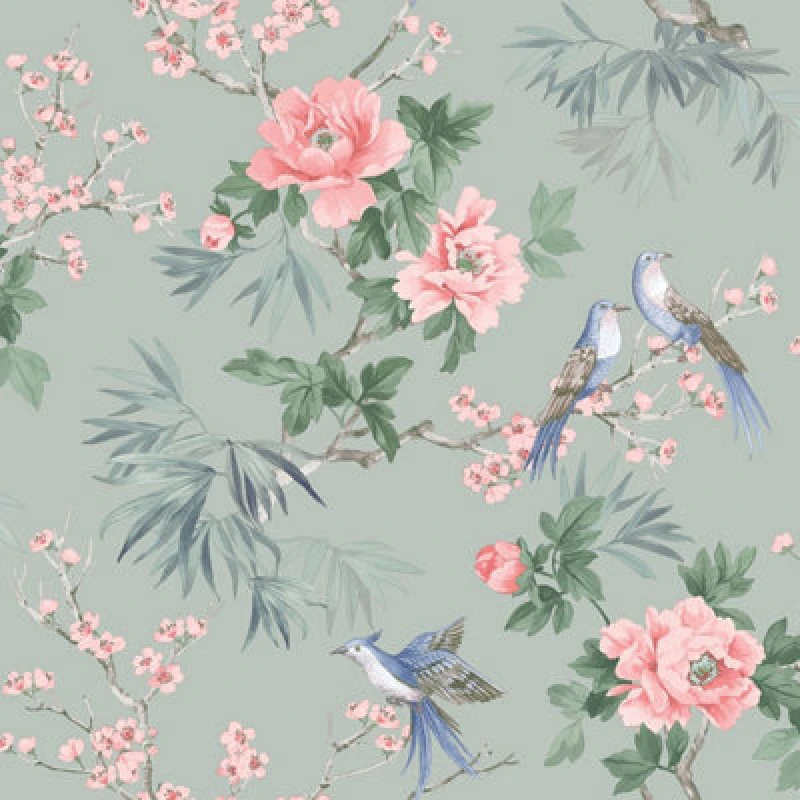 Image of Amelie Chinoiserie Bird Wallpaper Sage Green / Pink Rasch 260568