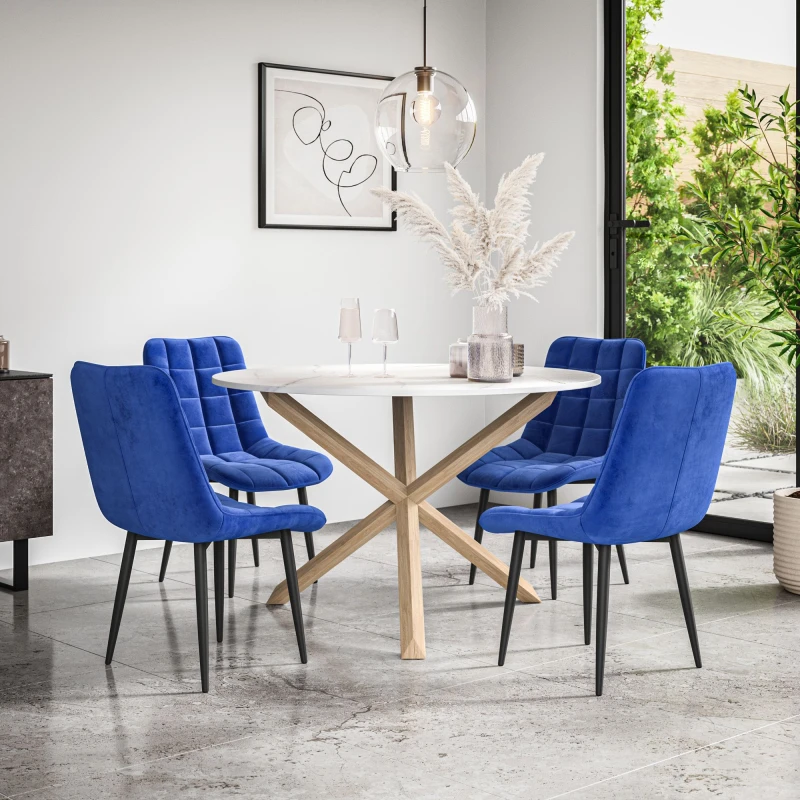 Image of More4Homes Malvern Round Dining Table And Chairs - Marble Table Top W Solid Oak Legs + Nova Velvet Dining Chair Set Of 4 (Blue)