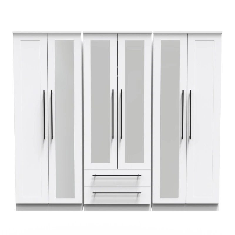 Image of Howard Tall 6 Door 2 Drawer 2 Mirror Wardrobe In White Ash (Ready Assembled)