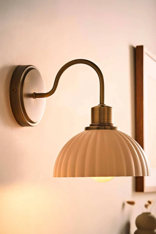 Image of ValueLights Bourton Cream Ribbed Dome Wall Light with Bulb in Gold Gold Unisex