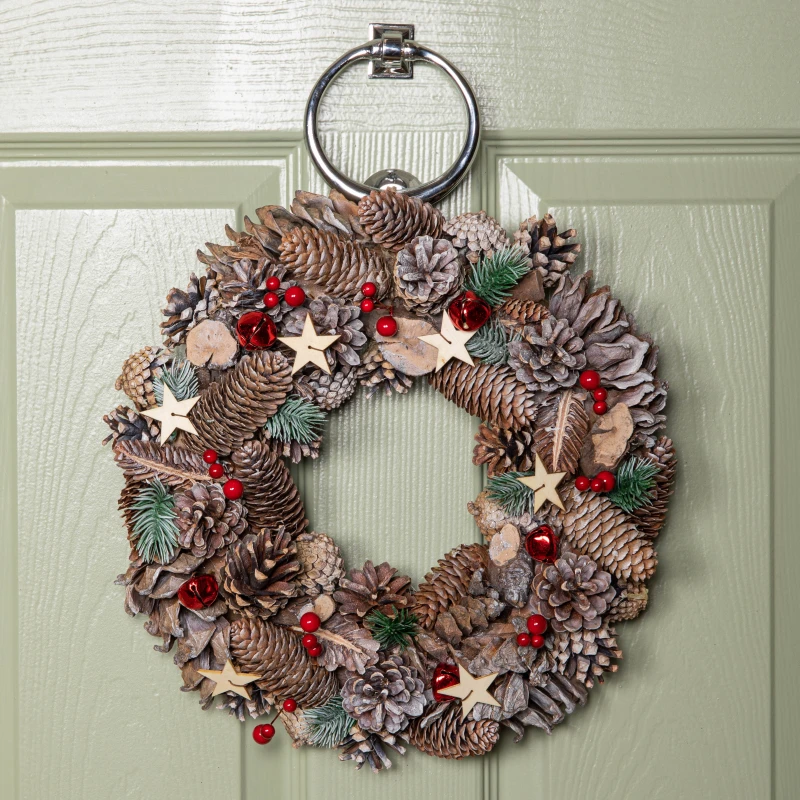 Image of 36cm Frosted Hanging Christmas Wreath with Red Jingle Bells & Wooden Stars