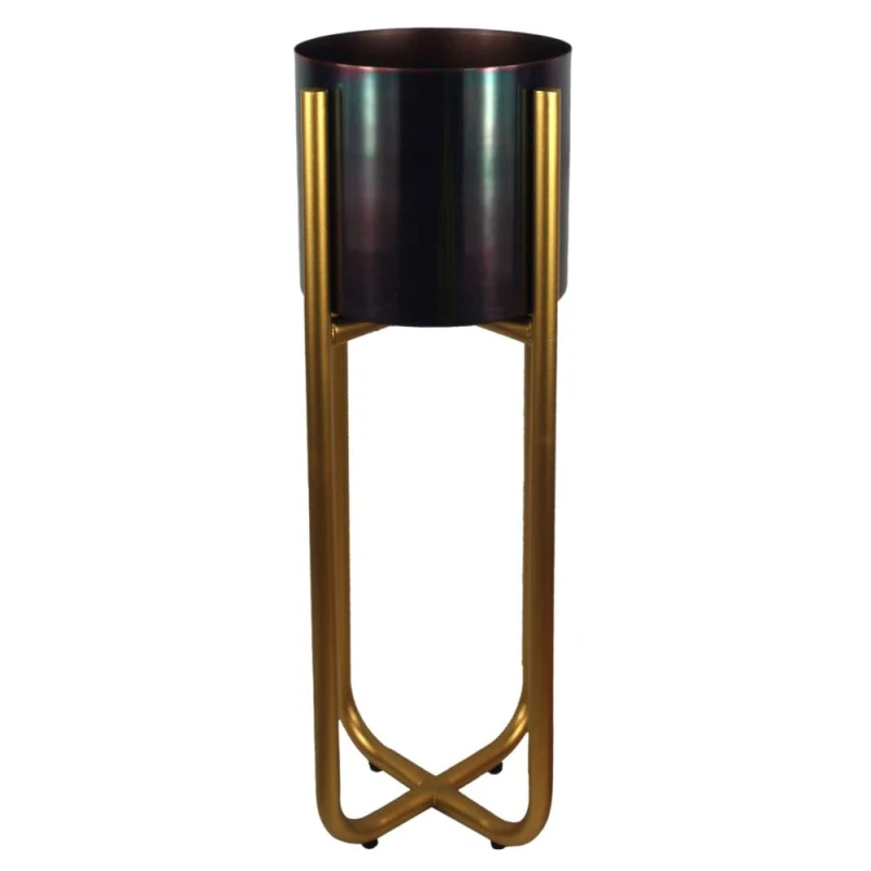 Image of Leaf Tall Gold Stand with Iridescent Rainbow Metal Planter 62cm x 18cm Size: 62cm x 18cm Gold Unisex 62cm x 18 cm