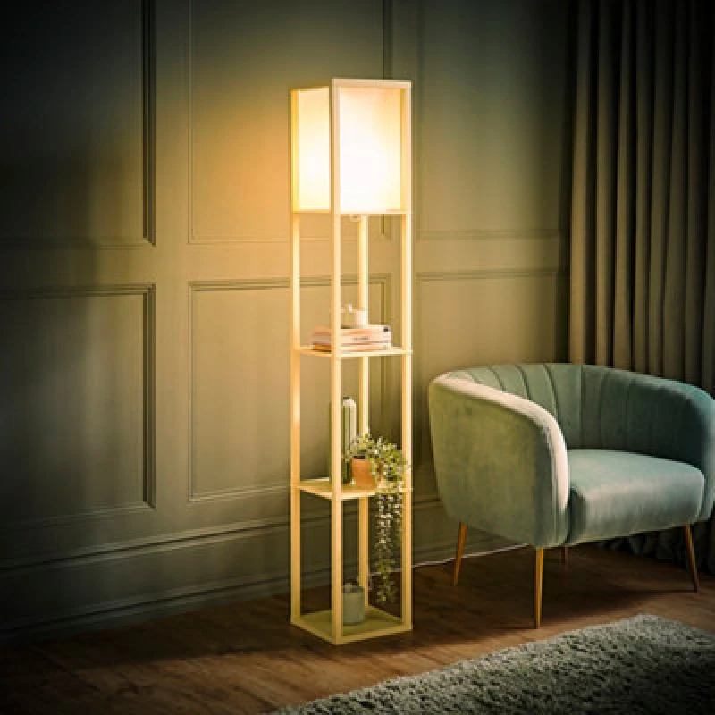 Image of ValueLights ValueLights Struttura Pastel Wooden Shelving Floor Lamp with Fabric Shade and Bulb in Yellow Yellow One Size Unisex 5059406065903