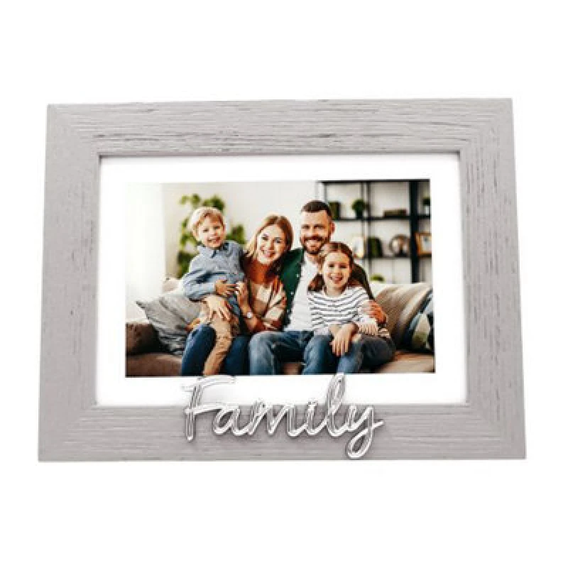 Image of Happy Homewares Grey Woodgrain Effect Family Picture Frame With Silver Letters - 6X4 Or 7X5