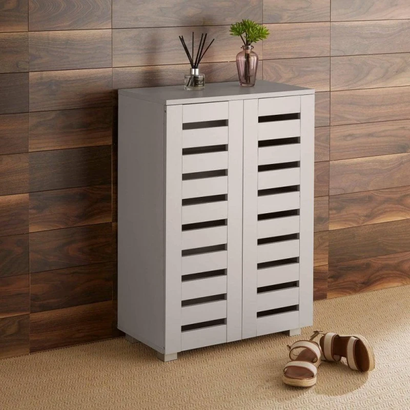 Image of HOME SOURCE 2 Door Dark Brown Wooden Shoe Storage Cabinet Rack Stand Cupboard Slatted Doors SHOOSL2DW
