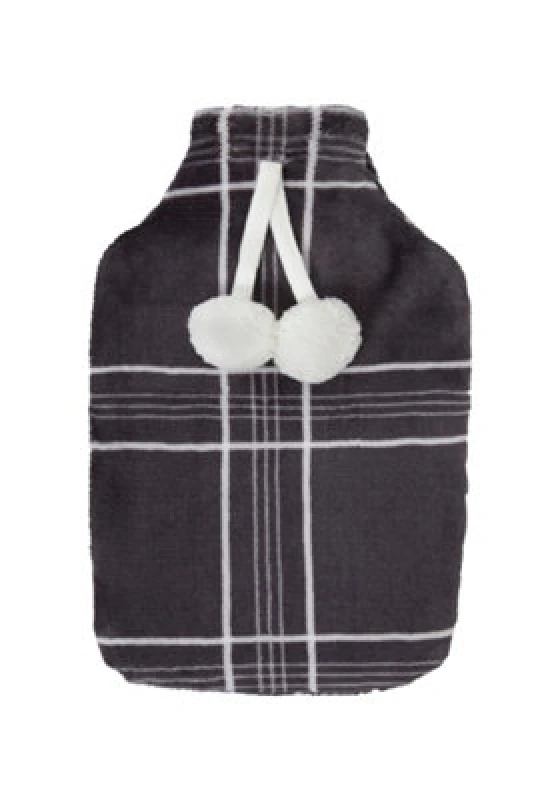Image of Smart Living Smart Living Luxury Check Fleece Hot Water Bottle with Pompom Ties - 23x35cm in Charcoal Charcoal One Size Unisex 5056242880455
