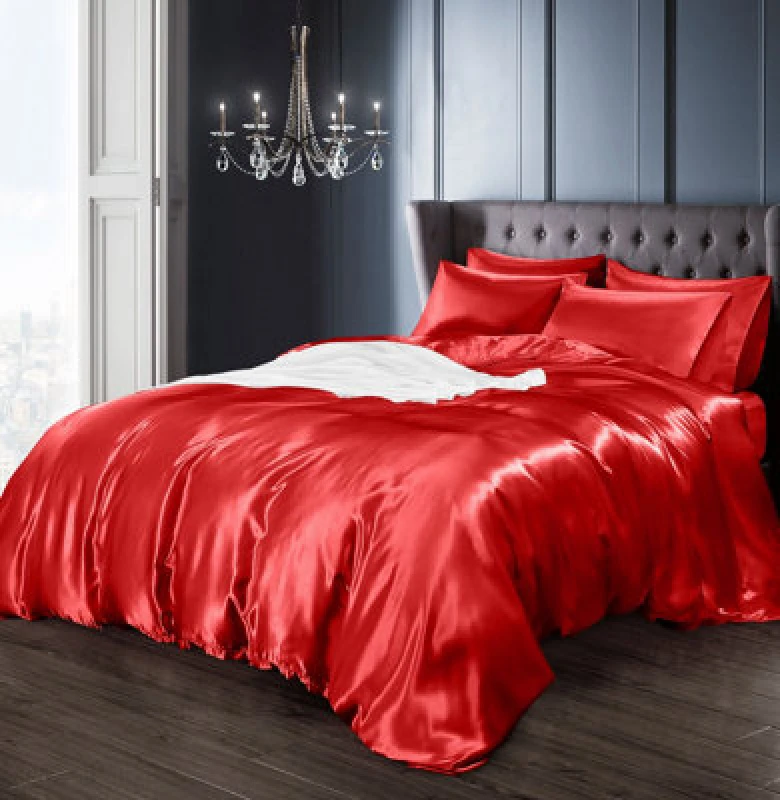 Image of Intimates Luxury Faux Silk Duvet Cover & Pillowcase Set, Stylish Bed Linen With Smooth Satin-Like Finish, Machine Washable - Red