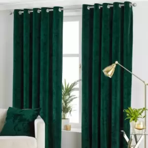 image of Verona Crushed Velvet Lined Eyelet Curtains, Emerald, 66 x 72" - Paoletti