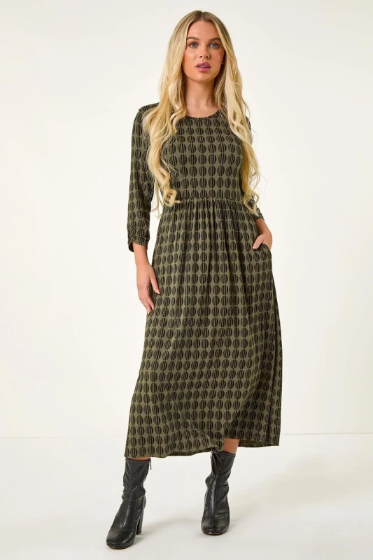 Image of Roman Womens Petite Geometric Spot Midi Dress in Khaki Size: 10 Khaki Female 10
