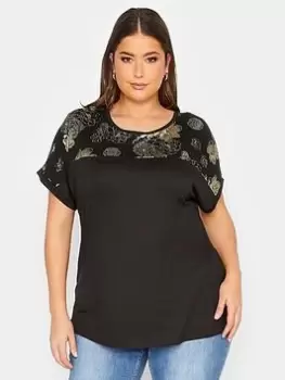 Image of Yours Foil Yoke Front Top, Black, Size 16, Women