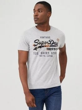 image of Superdry Vintage Infilled Logo Store T-Shirt - Grey Marl, Size XS, Men