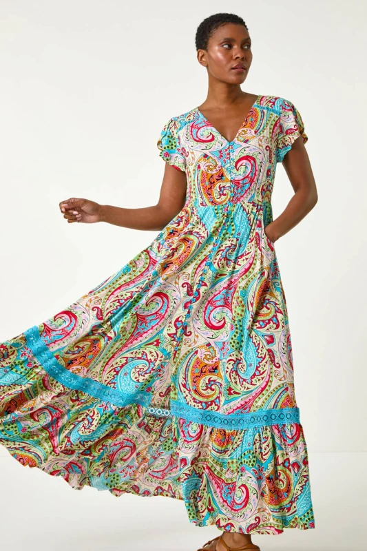Image of Roman Womens Paisley Print Shirred Waist Maxi Dress in Light Blue Size: 12 Light Blue Female 12