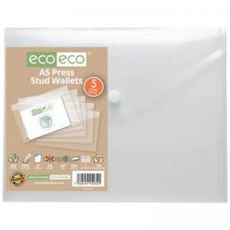 Image of Eco Eco 95% Recycled Press Stud Wallets A5 Clear (5 Pack) eco032-S