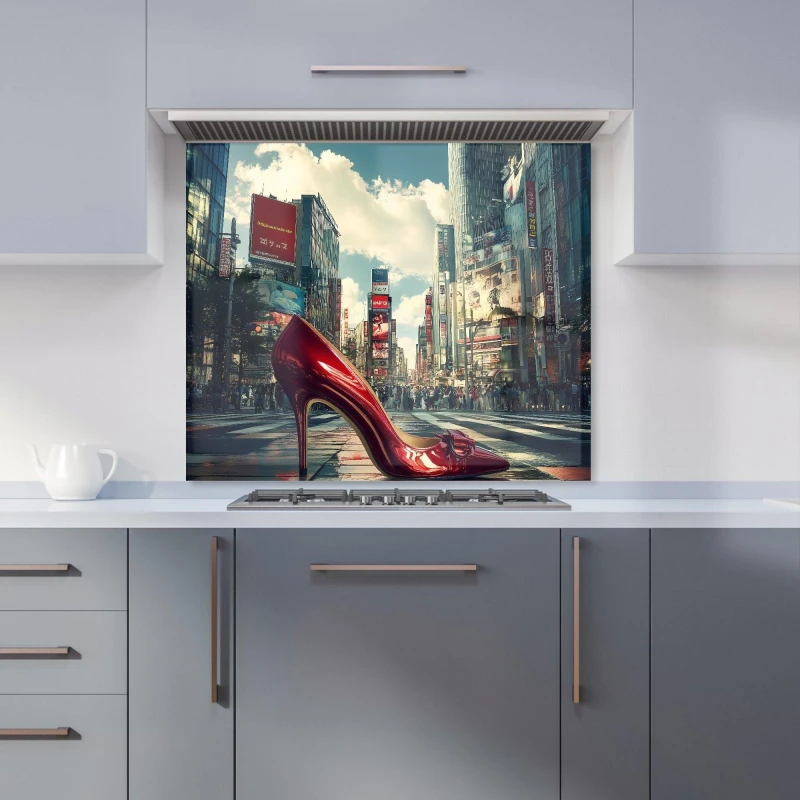 Image of Warren Reed - Designer Red Stiletto in Urban Crosswalk Kitchen Splashback Size: 600mm x 750mm Multicolor Unisex 600mm x 750mm