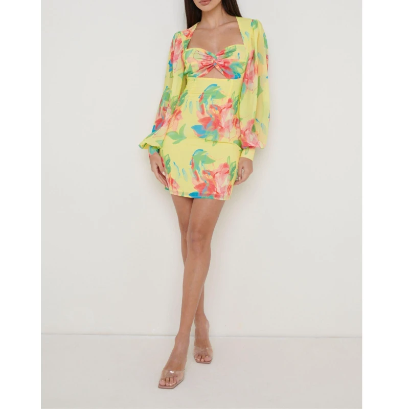 Image of Pretty Lavish Womens Anais Cut Mini Dress Lemon female 6 (2XS)