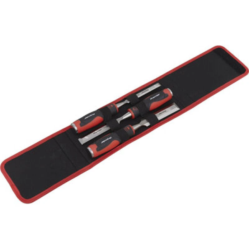 Image of Loops 3 Piece Hammer-Thru Wood Chisel Set - Bevel Edged Blades - Storage Pouch Metallics