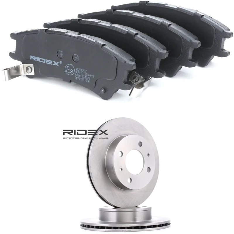 Image of RIDEX 3405B2942 Brake disc and pads set Front Axle, Brake Disc Type: internally vented, with acoustic wear warning Brake Set,disc brakes (3405)