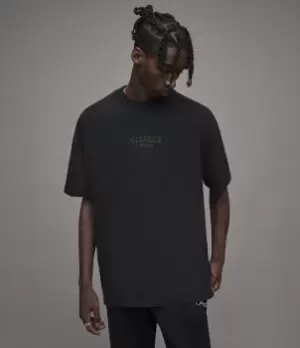 Image of AllSaints Mens Bones Crew T-Shirt, Washed Black, Size: M