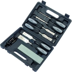 image of Wickes Powagrip Wood 8 Piece Chisel Set with Honing Guide and Sharpening Stone