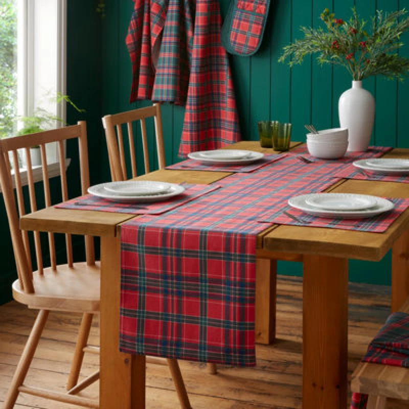 Image of Catherine Lansfield Christmas Tartan Check Cotton Reversible 32X220Cm Dining Table Runner Red / Green