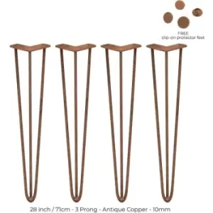 image of 4 x 28' Hairpin Legs - 3 Prong - 10mm - Antique Copper - Antique Copper