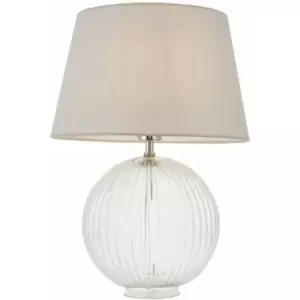 image of Table Lamp Clear Ribbed Glass & Pale Grey Cotton 40W E27 gls Base & Shade