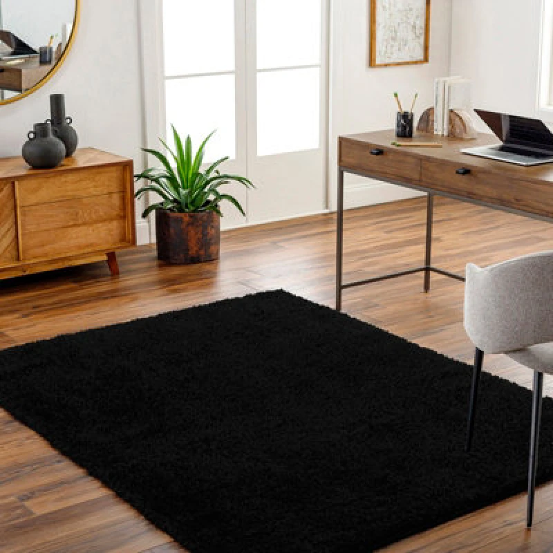 Image of Livabliss Shaggy Solid Color Plush Pile Black Soso Area Rug 160 X 213cm - Easy Care, Non Shedding, Ideal For Living Room & Bedroom