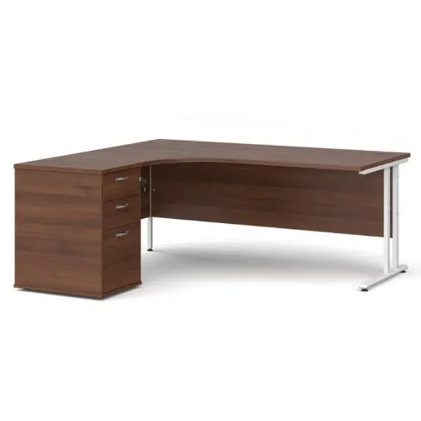 image of Office Desk Left Hand Corner Desk 1800mm With Pedestal Walnut Top With White Frame Maestro 25