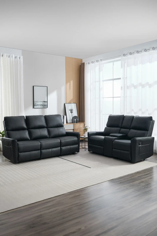 Image of More4Homes Madrid 2+3 Seater W Console Manual Air Leather Recliner Sofa Set Black