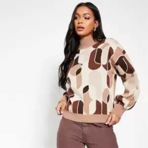 image of I Saw It First Geometric Patterned Oversized Jumper - Brown