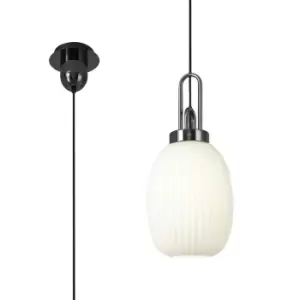 image of Yorktown Ceiling Pendant E27 With 20cm Almond Ribbed Glass, Opal Black Chrome, Matt Black