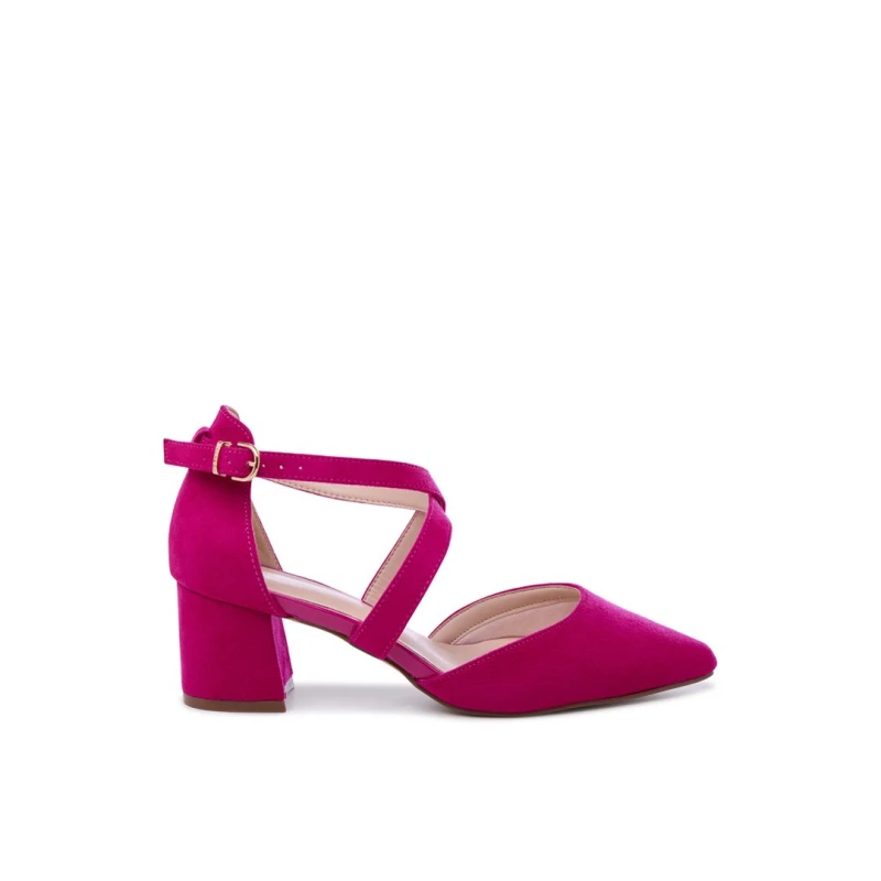 Image of Paradox London Womens Micro Suede 'Ffion' Wide Fit Mid Block Heel Cross Strap Court Shoe in Fuchsia Size: 3E Fuchsia Female 3E