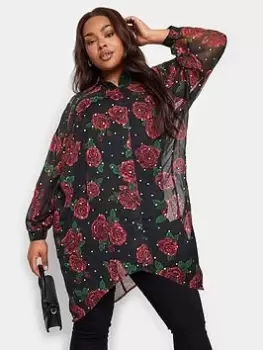Image of Yours Extreme Dip Back Rose Print Shirt - Black, Size 18, Women