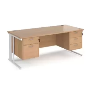 Image of Office Desk Rectangular Desk 1800mm With Double Pedestal Beech Top With White Frame 800mm Depth Maestro 25 MCM18P23WHB