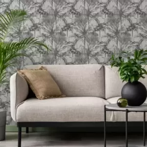 image of Sublime - Jungle Texture Floral Mono Black/White Wallpaper - White