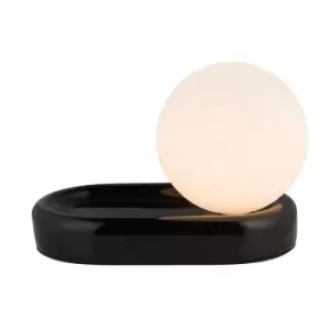 Image of Gloss Black Designer Ceramic Base Table Lamp Light & Opal Sphere Glass Shade