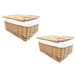 image of Set of 2 Lidded Wicker Storage Basket With Lining Xmas Hamper Basket [Set of 2 Medium 35x24x15 cm,Natural]