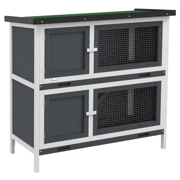 Image of PawHut 2-Tier Wooden Rabbit Hutch Guinea Pig House w/ Sliding-out Tray Ramp, Grey Grey