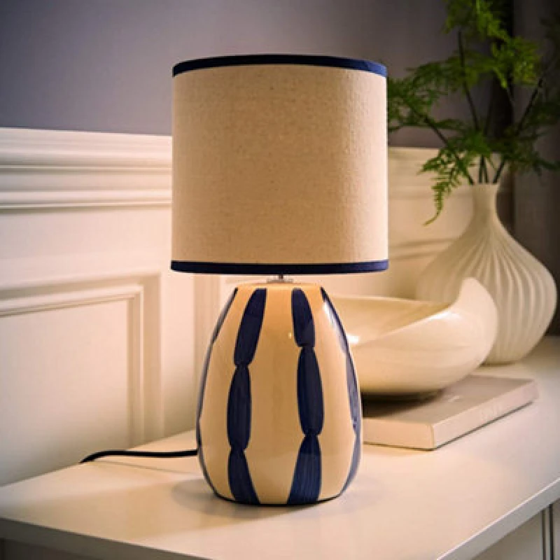 Image of Valuelights Brynn Natural And Navy Ceramic Stripe Table Lamp With Bulb