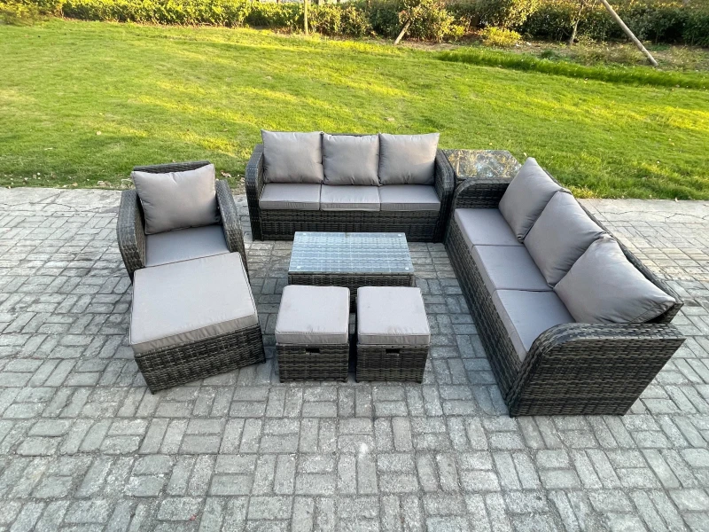 Image of Fimous 10 Seater Rattan Lounge Sofa Set Outdoor Garden Furniture Set with Rectangular Coffee Table 3 Seater Sofa 3 Footstools Side Table Dark Grey